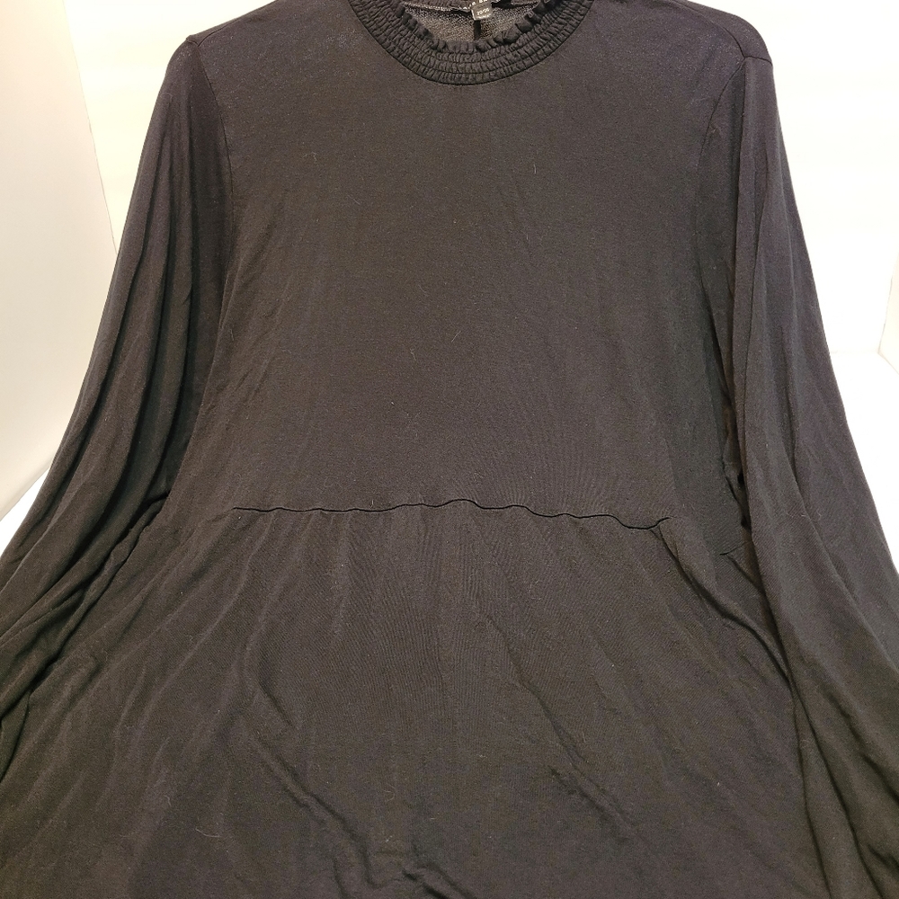 Lane Bryant Babydoll Top Women 22/24 Black Excellnt Smocked Mock Neck Long Sleev